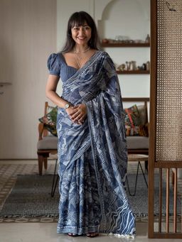Suta - Women Navy Blue Cotton Printed Saree with Unstitched Blouse
