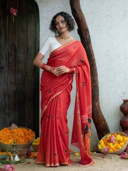 Suta - Women Red Printed Cotton Saree Without Blouse