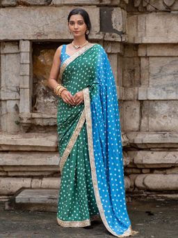 Suta - Women Green and Blue Bandhani Printed Sequined Border Saree Without Blouse