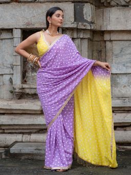 Suta - Women Lavender and Yellow Bandhani Printed Sequined Border Saree Without Blouse