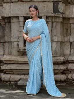 Suta - Women Blue Bandhani Printed Sequined Border Saree Without Blouse