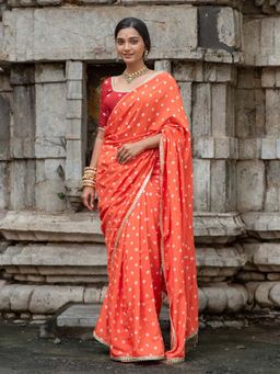 Suta - Women Orange Bandhani Printed Sequined Border Saree Without Blouse