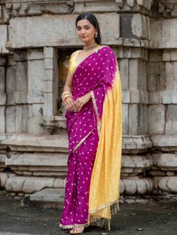 Suta - Women Purple and Yellow Bandhani Printed Sequined Border Saree Without Blouse