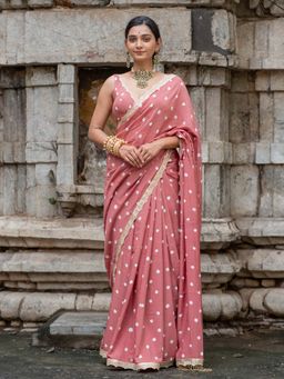 Suta - Women Peach Bandhani Printed Sequined Border Saree Without Blouse