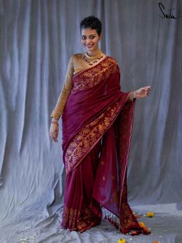 Suta - Women Maroon Cotton Handloom Saree with Unstitched Blouse