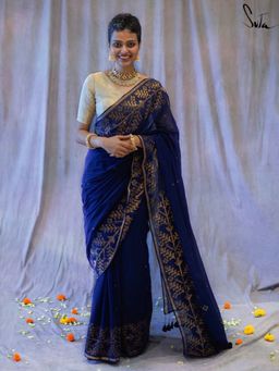 Suta - Women Navy Blue Cotton Handloom Saree with Unstitched Blouse