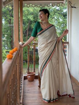 Suta - Women Off White Cotton Woven Tassels Saree Without Blouse