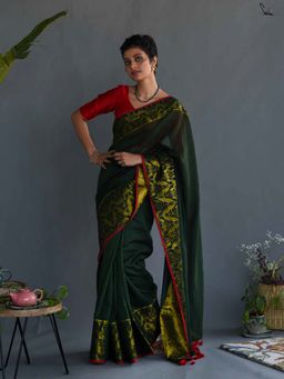 Suta - Women Green Cotton Woven Handloom Saree Without Blouse