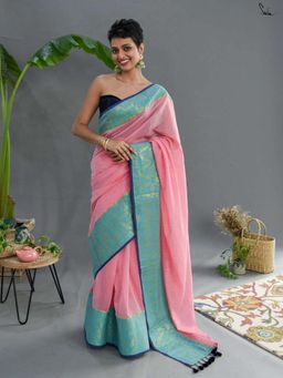 Suta - Women Pink Cotton Woven Handloom Saree Without Blouse