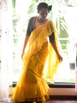 Suta - Women Yellow Cotton Solid Plain Saree Without Blouse