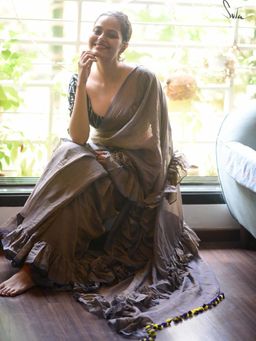 Suta - Women Grey Cotton Solid Plain Saree Without Blouse