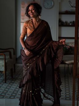 Suta - Women Brown Cotton Embellished Saree Without Blouse