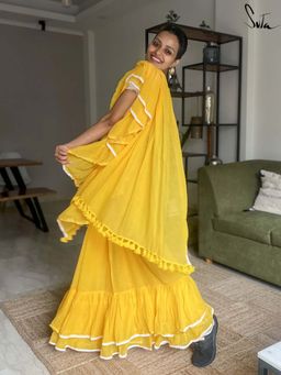 Suta - Women Yellow Cotton Solid Lace Work Saree Without Blouse