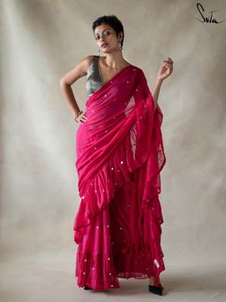 Suta - Women Rani Pink Cotton Embellished Saree Without Blouse