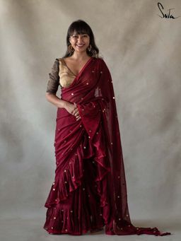Suta - Women Maroon Cotton Embellished Saree Without Blouse