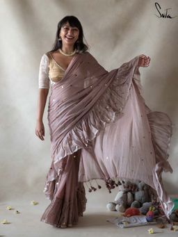 Suta - Women Grey Cotton Embellished Saree Without Blouse