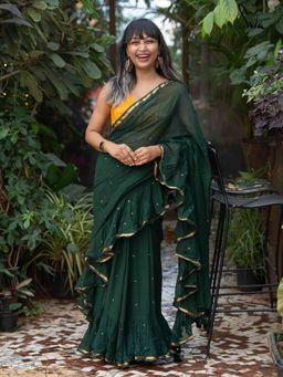 Suta - Women Green Cotton Embellished Saree Without Blouse