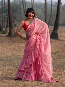Suta - Women Pink Cotton Printed Saree Without Blouse