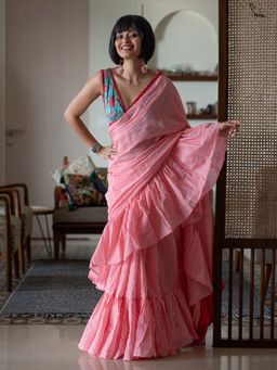 Suta - Women Pink Cotton Stripes Printed Saree Without Blouse
