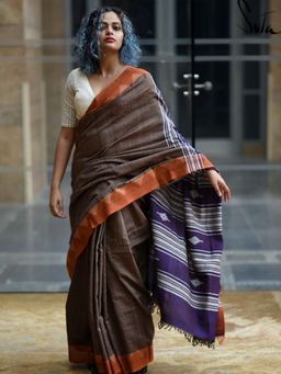 Suta - Women Brown Cotton Woven Saree with Unstitched Blouse