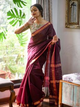 Suta - Women Maroon Cotton Woven Saree with Unstitched Blouse