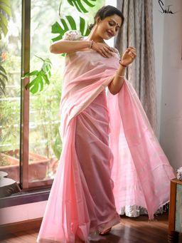 Suta - Women Pink Cotton Stripes Woven Saree with Unstitched Blouse