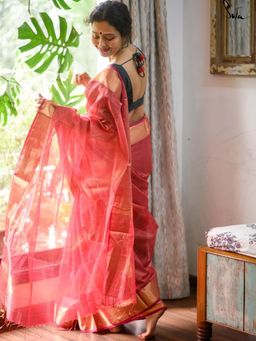 Suta - Women Red Cotton Woven Saree with Unstitched Blouse