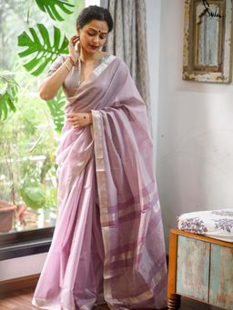 Suta - Women Lavender Cotton Stripes Woven Saree with Unstitched Blouse