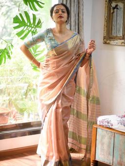 Suta - Women Peach Cotton Stripes Woven Saree with Unstitched Blouse