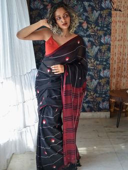 Suta - Women Black Cotton Handloom Saree Without Blouse
