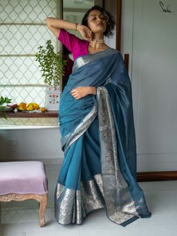 Suta - Women Teal Cotton Zari Woven Saree Without Blouse