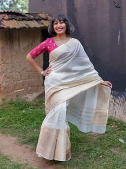 Suta - Women White Cotton Zari Woven Saree Without Blouse