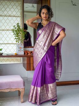 Suta - Women Purple Cotton Zari Woven Saree Without Blouse