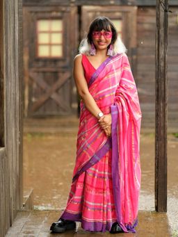 Suta - Women Pink Cotton Checks Woven Saree with Unstitched Blouse
