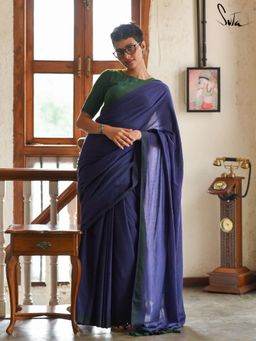 Suta - Women Navy Blue Cotton Woven Saree Without Blouse