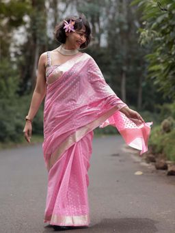 Suta - Women Pink Cotton Zari Woven Saree with Unstitched Blouse