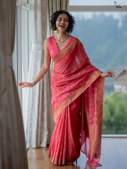 Suta - Women Coral Cotton Woven Saree with Unstitched Blouse