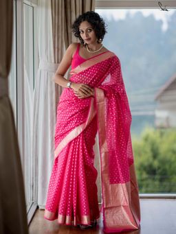 Suta - Women Hot Pink Cotton Zari Woven Saree with Unstitched Blouse