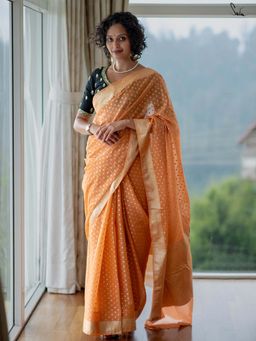 Suta - Women Light Orange Cotton Zari Woven Saree Without Blouse