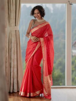 Suta - Women Red Cotton Zari Woven Saree with Unstitched Blouse