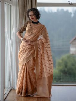 Suta - Women Beige Cotton Zari Woven Saree with Unstitched Blouse