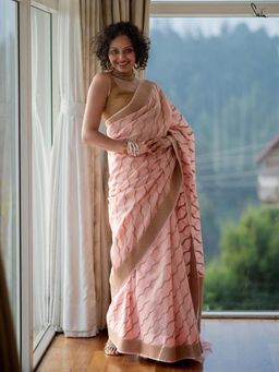 Suta - Women Light Pink Cotton Zari Woven Saree with Unstitched Blouse