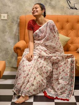 Suta - Women Off White Cotton Floral Printed Saree with Unstitched Blouse