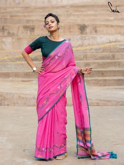 Suta - Women Pink Cotton Woven Saree with Unstitched Blouse