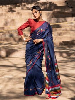 Suta - Women Navy Blue Cotton Woven Saree with Unstitched Blouse