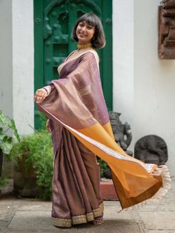 Suta - Women Purple Linen Blend Embroidered Sequined Saree with Unstitched Blouse