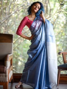 Suta - Women Blue Pure Linen Handloom Saree with Unstitched Blouse