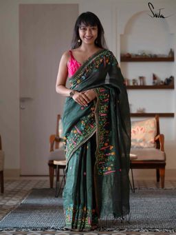 Suta - Women Green Linen Blend Embroidered Saree Without Blouse