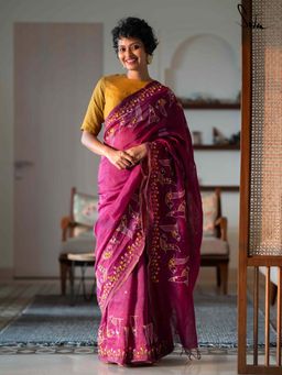 Suta - Women Purple Linen Blend Embroidered Saree Without Blouse