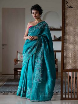 Suta - Women Teal Linen Blend Embroidered Saree Without Blouse